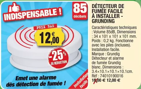 Detecteur De Fumee Facile A Installer - Grunding offre à 12€ sur Outiror