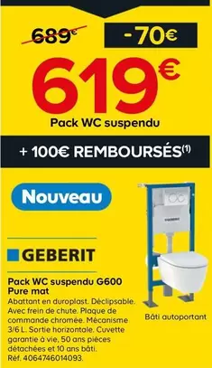 Geberit - Pack Wc Suspendu G600 Pure Mat offre à 619€ sur Castorama