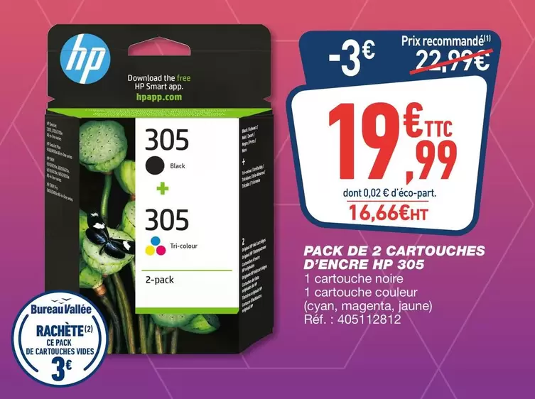 HP - Pack De 2 Cartouches D'Encre 305 offre à 19,99€ sur Bureau Vallée