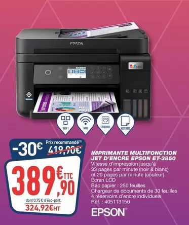 Epson - Imprimante Multifonction Jet D'Encre ET-3850 offre à 389,9€ sur Bureau Vallée