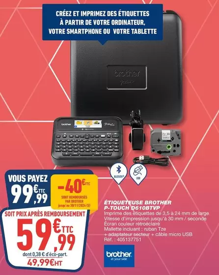 Brother - Étiqueteuse P-Touch D610BTVP  offre à 59,99€ sur Bureau Vallée