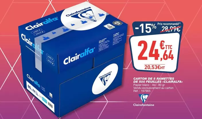 Clairefontaine - Carton De 5 Ramettes De 500 Feuilles Clairalfa offre à 24,64€ sur Bureau Vallée