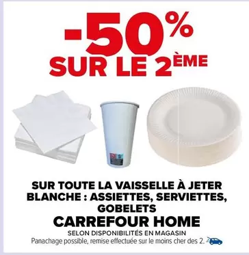 Promo Carrefour : Vaisselle à Jeter Blanche - Assiettes, Serviettes, Gobelets en Promotion