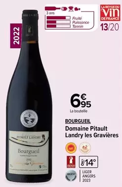 Domaine Pitault Landry - Bourgueil Les Gravieres : Vin rouge de qualité supérieure, riche en arômes, idéal pour accompagner vos repas.