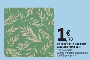 20 Serviettes 33x33cm Allergia Fond Vert