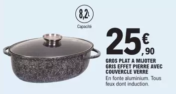 Gros Plat à Mijoter Gris Effet Pierre avec Couvercle en Verre - Idéal pour vos recettes mijotées