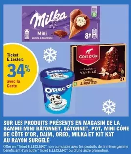 Découvrez la gamme surgelée Milka : Mini Bâtonnet, Bâtonnet, Pot, Mini Cone Côte D'or, Daim, Oreo, Kit Kat