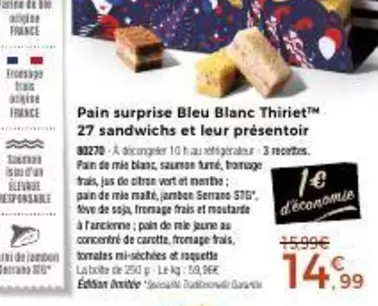 Pain Surprise Bleu Blanc Thiriet 27 Sandwichs Et Leur Présentoir offre à 14,99€ sur Maison Thiriet