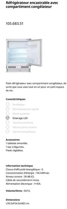 Refrigerateur Recabrable Vac Compatment Congelateur offre sur IKEA