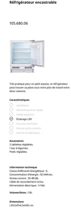 Réfrigérateur Encastrable offre sur IKEA