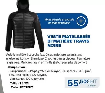 Veste Matelassée Bi-matière Travis Noire offre à 55,5€ sur Prolians