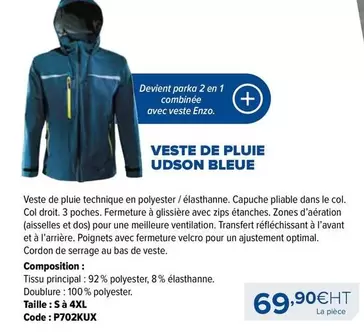 Veste De Pluie Udson Bleue offre à 69,9€ sur Prolians