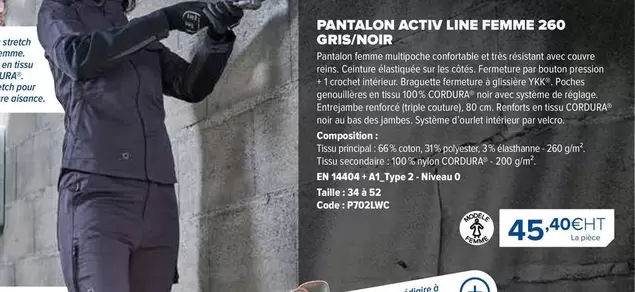 Pantalon Activ Line Femme 260 Gris/noir offre à 45,4€ sur Prolians