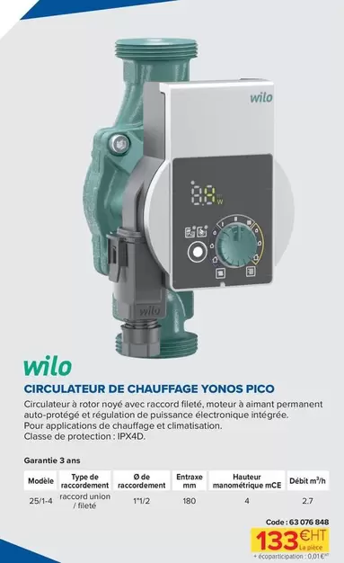 Wilo - Circulateur De Chauffage Yonos Pico offre à 133€ sur Prolians