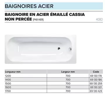 Baignoires Acier Émaillé Cassia Non Percée offre sur Prolians