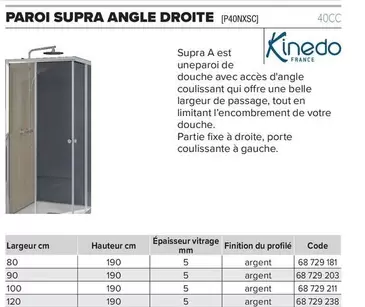 Kinedo - Paroi Supra Angle Droite offre sur Prolians