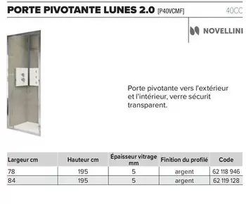 Novellini - Porte Pivotante Lunes 2.0 offre sur Prolians