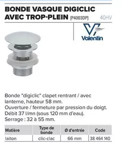 Valentin - Bonde Vasque Digiclic Avec Trop-Plein offre sur Prolians