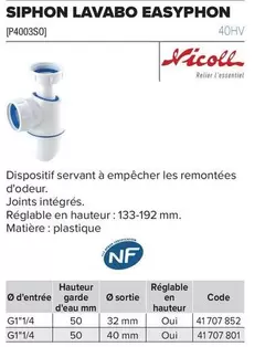 Nicoll - Siphon Lavabo Easyphone offre sur Prolians