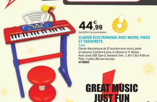 Clavier Électronique Avec Micro, Pieds Et Tabourets offre à 44,99€ sur JouéClub