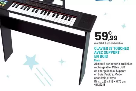 Clavier 37 Touches Avec Support En Bois offre à 59,99€ sur JouéClub