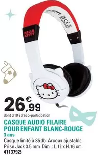 Casque Audio Filaire Pour Enfant Blanc Rouge offre à 26,99€ sur JouéClub