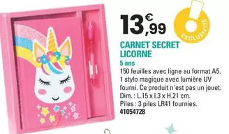 Carnet Secret Licorne offre à 13,99€ sur JouéClub