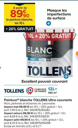 Tollens - Peinture Blanche Ultra Couvrante Aspect Mat : Promo sur ce produit exceptionnel avec une finition mate et une excellente couvrance.