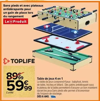 Toplife - Table De Jeux 4 En 1 offre à 59,99€ sur Carrefour City