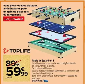 Toplife - Table De Jeux 4 En 1 offre à 59,99€ sur Carrefour