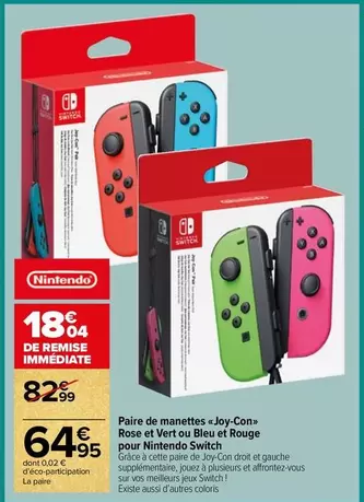 Nintendo - Paire De Manettes Joy-con- Rose Et Vero Ou Bleu Et Rouge Pour  Switch offre à 64,95€ sur Carrefour