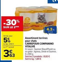 Terrines pour Chats Companino Vitalive chez Carrefour - Un assortiment savoureux et nutritif pour vos félins