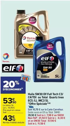 Huile moteur Total Elf 5W30 Eif Full Tech C3/C4/TD - 5L - Performance et protection optimales