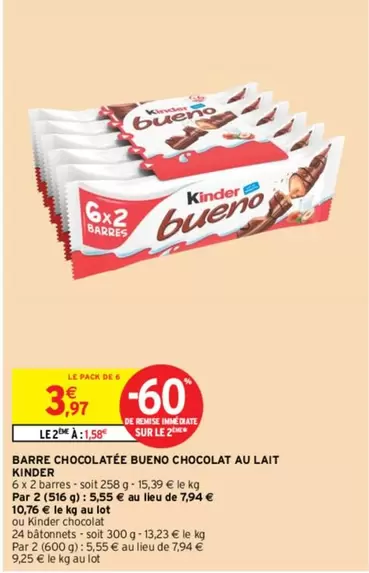 Kinder - Barre Chocolatée Bugno Chocolat Au Lait offre à 3,97€ sur Intermarché Express