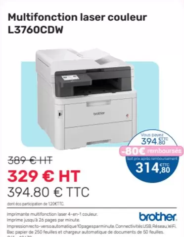 Brother - Multifonction Laser Couleur L3760CDW offre à 329€ sur Office Depot