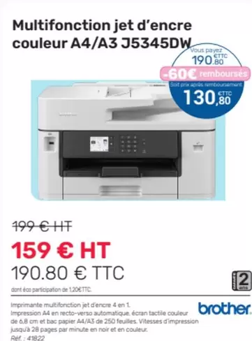 Brother - Multifonction Jet D'Encre Couleur A4/A3 J5345DW offre à 159€ sur Office Depot