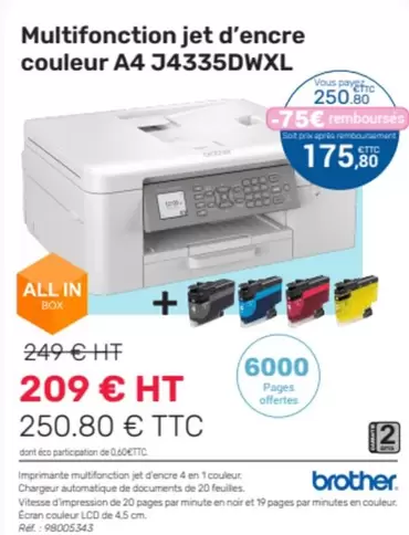 Brother - Multifonction Jet D'Encre Couleur A4 J4335DWXL offre à 209€ sur Office Depot