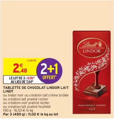 Lindt - Tablette De Chocolat Lindor Lait offre à 2,48€ sur Intermarché Contact