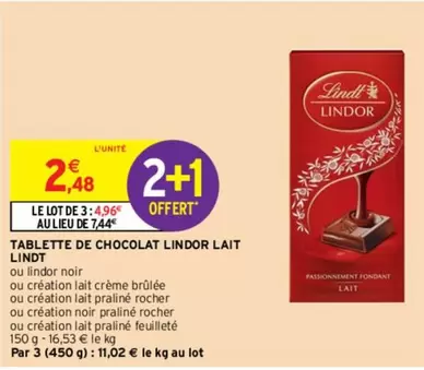 Lindt - Tablette De Chocolat Lindor Lait offre à 2,48€ sur Intermarché Contact