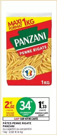 Panzani - Pâtes Penne Rigate offre à 2,02€ sur Intermarché Contact