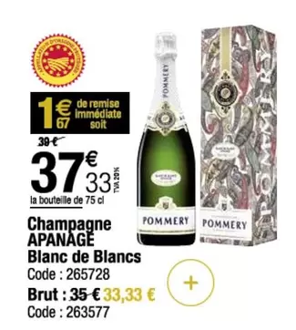 Apanage - Champagne Blanc De Blancs offre à 37,33€ sur Promocash