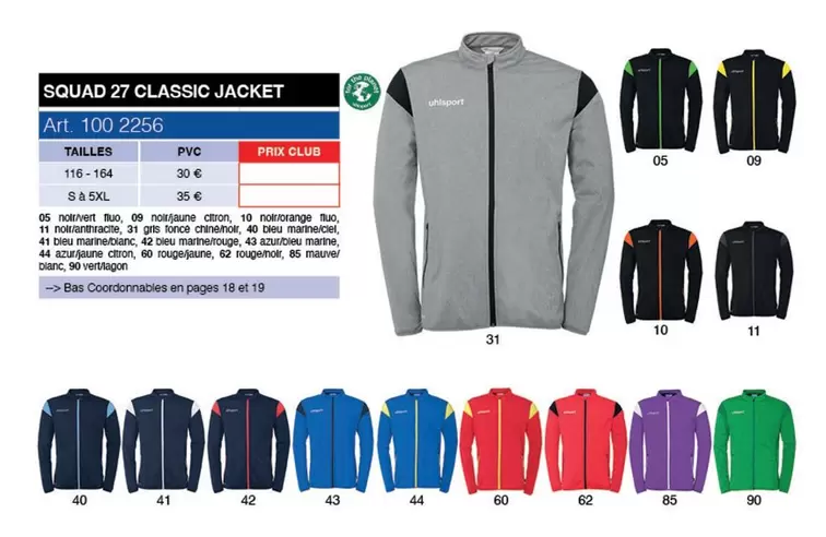 Squad 27 Classic Jacket offre à 30€ sur uhlsport