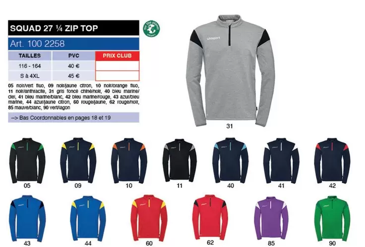 Squad 27 14" Zip Top offre à 40€ sur uhlsport