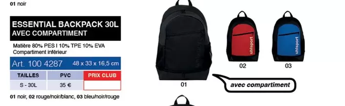 Essential Backpack 30l Avec Compartiment offre à 35€ sur uhlsport