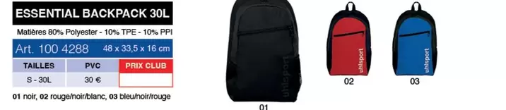 Essential Backpack  offre à 30€ sur uhlsport