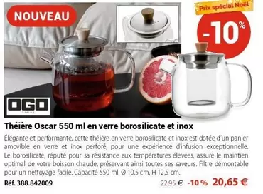 Ogo - Théière Oscar 550 Ml En Verre Borosilicate Et Inox offre à 20,65€ sur Mathon