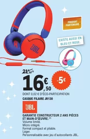 JBL - Casaque Filaire Jr13o offre à 16,5€ sur E.Leclerc