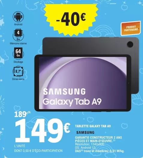 Samsung - Galaxy Tab A9 offre à 149€ sur E.Leclerc