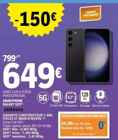 Samsung - Smartphone Galaxy S23 offre à 649€ sur E.Leclerc