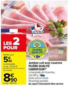 Carrefour - Jambon Cuit Avec Couenne Filière Qualité : Savourez un jambon de qualité supérieure, idéal pour vos plats et sandwiches.